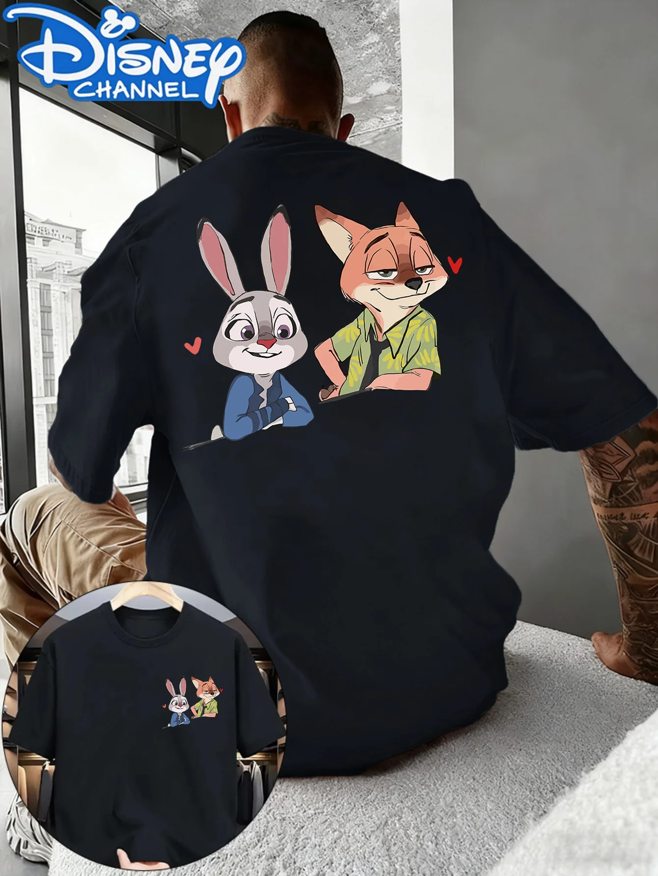 Camiseta de manga corta con cuello redondo para hombre de Disney con estampado de Nick y Judy Sugar - Ropa de calle estilo pareja de algodón puro para todas las estaciones