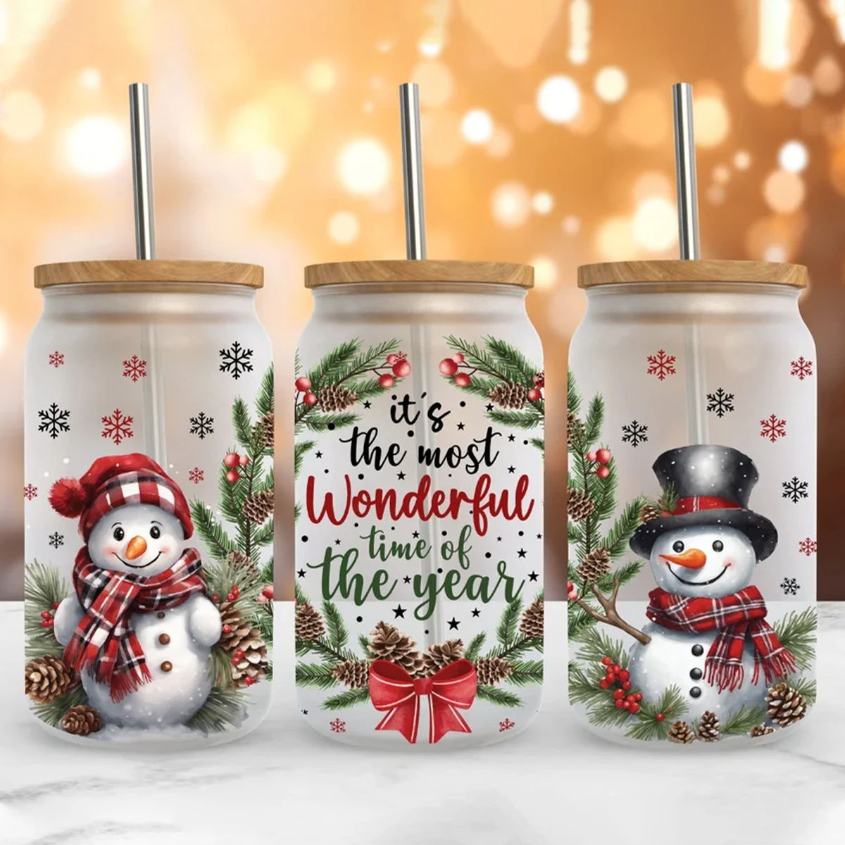 Wesołych Świąt Snowman UV DTF Transfer Sticker 16oz Libbey Glass Cups Wraps Coffee Mug Decals Party Xmas Winter Home Decoration