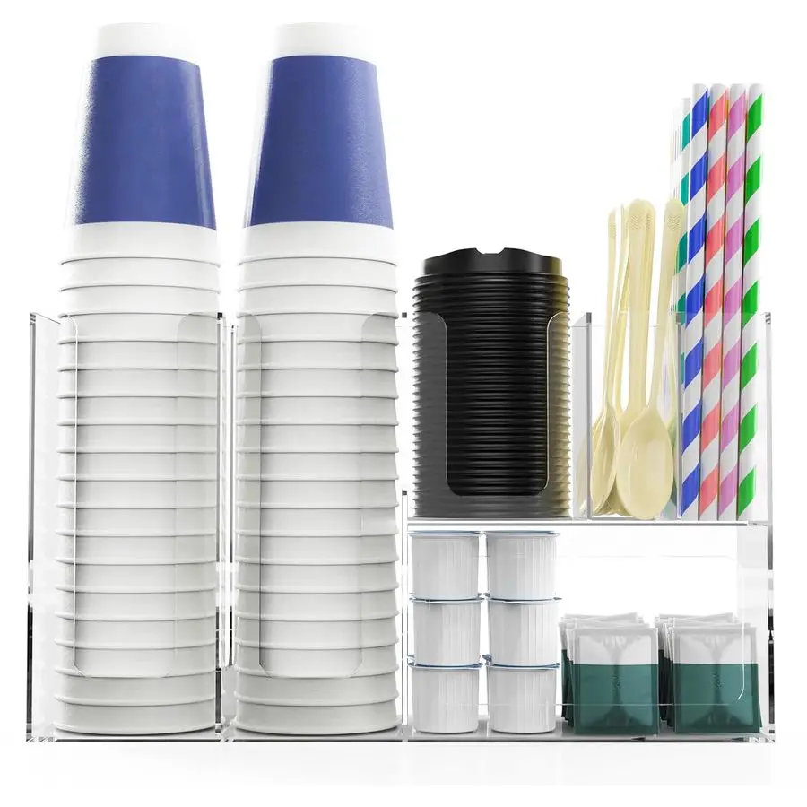 

Cup and Lid Holder with Straw Organizer, 6 Compartment Disposable Coffee Cup Dispenser for Countertop Coffee Bar Accessories Res