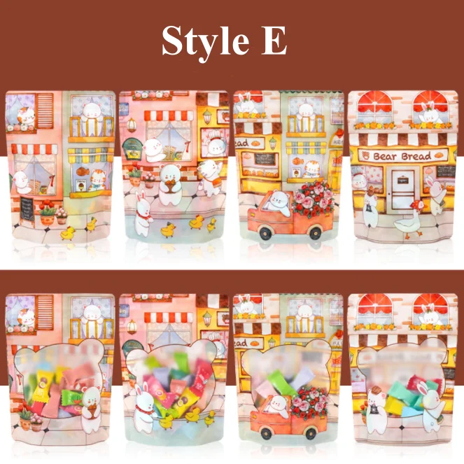 100PCS Stand-up Plastic Cartoon Ziplock Window Packaging Bag DIY Logo Sugar Candy Snack Drip Coffee Beaf Gift Storage Pouches