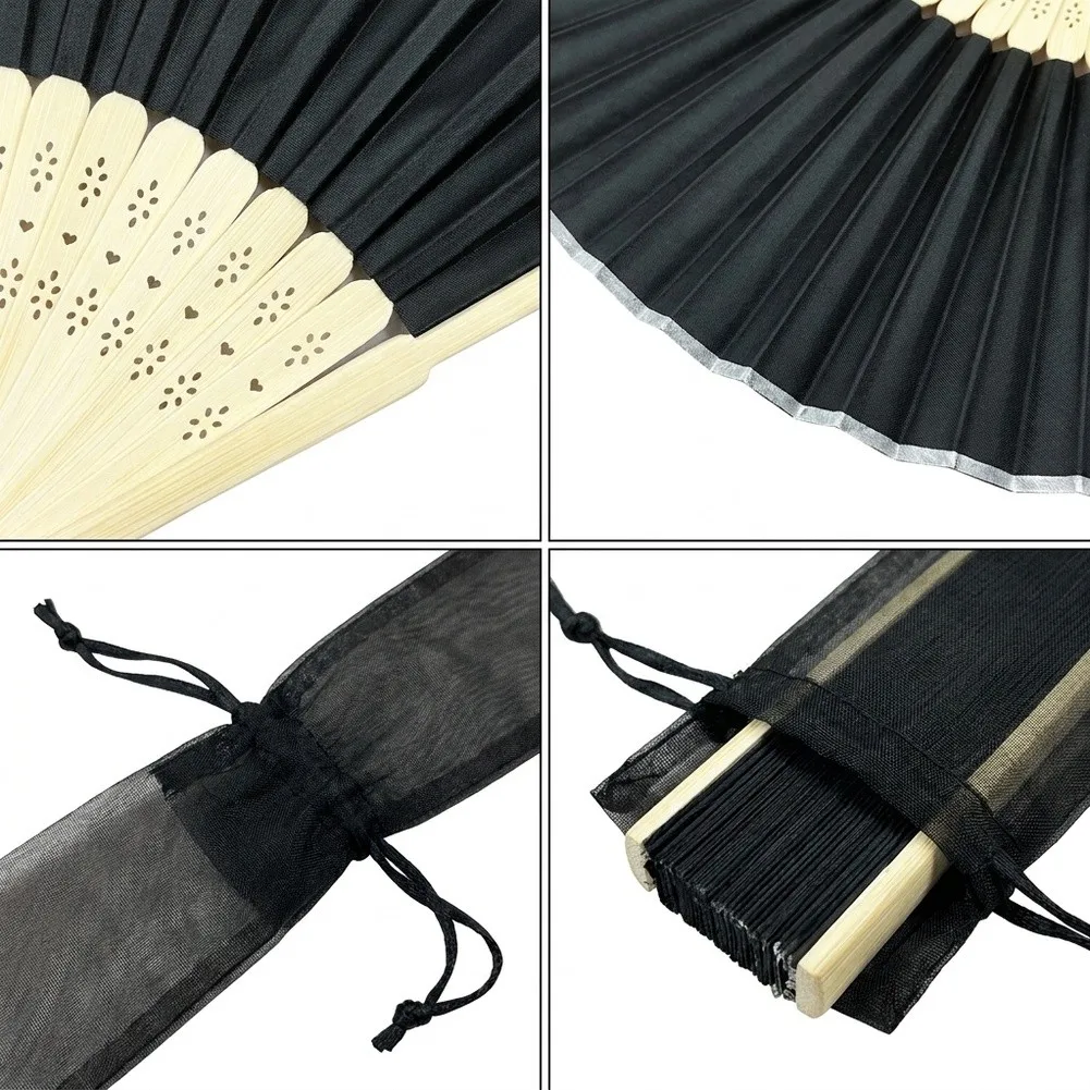 21 cm x 38 cm Black Silk Fan Set of 3 Hand-finished Rattan Frame Folding Fans for Cultural Exchange Gifts Souvenirs Collection