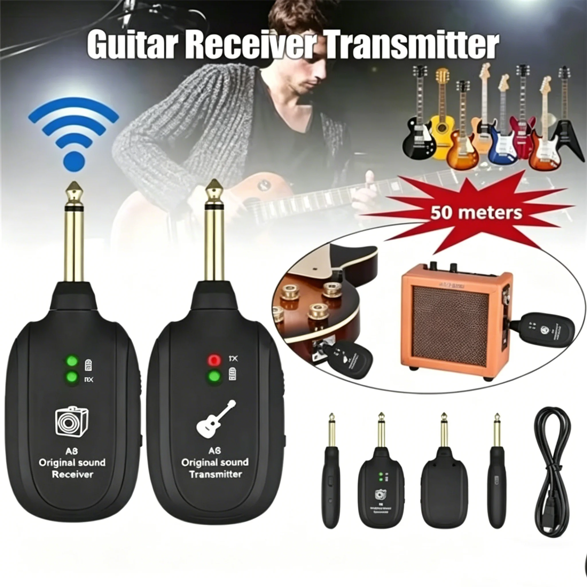 

A8 UHF Guitar Wireless System Transmitter Receiver Built-in Rechargeable Wireless Guitar Transmitter for Electric Guitar Bass