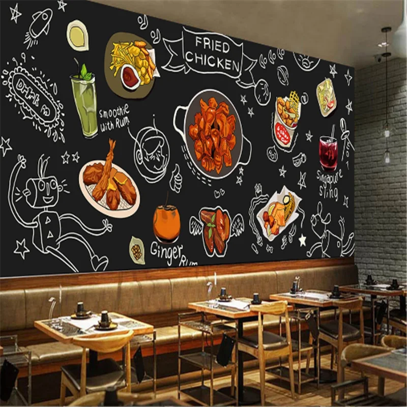 Custom Hand- Black Hand painted Korean Fried Chicken restaurant background  Industrial Decor Mural Wallpaper