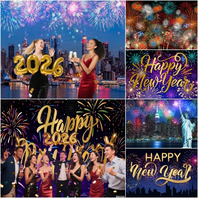 أزرق ذهبي أسود سعيد 2026 السنة الجديدة التصوير خلفية ليلة رأس السنة ديكور حفلات خلفية صور التصوير الفوتوغرافي استوديو الدعائم