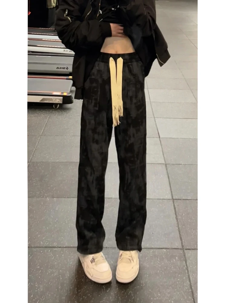 Tie-Dye Fleece Lined Men's Casual Pants Autumn Winter American Hiphop Sweatpants Tall Size Extended Camouflage Loose Fit