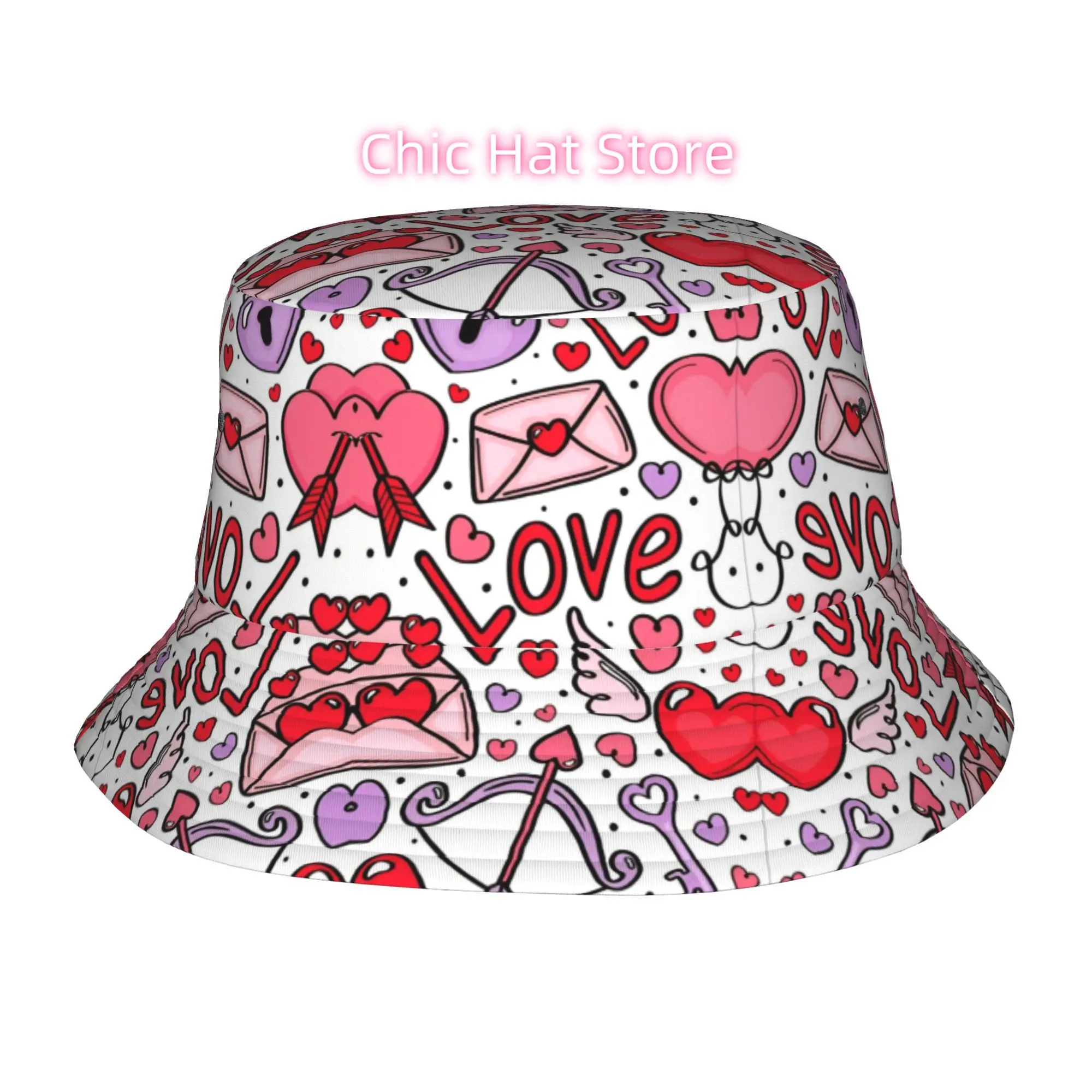 1pc Cute Love Elements Doodle Pattern Fully Printed Fisherman Hat Beach Hat, Unisex Outdoor Sun Hat, Sun Hat, Fashionable Bucket