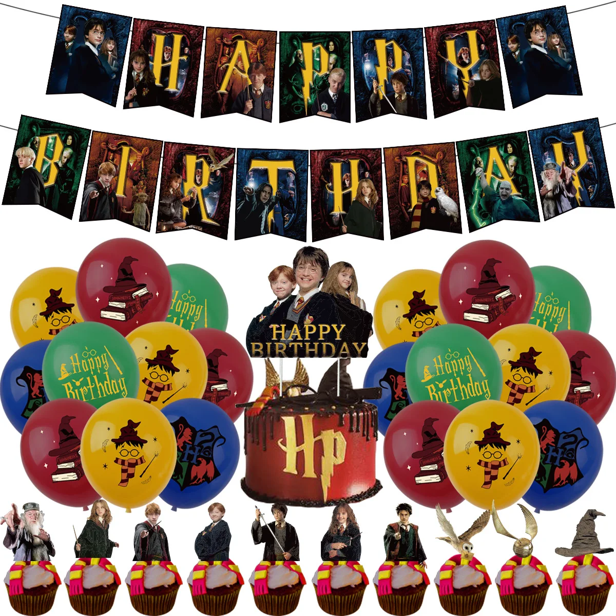 Hot Movie theme harry potter Birthday Party Supply Disposable Banner Cake Topper Hanging Flag Balloons Set Birthday Decorations