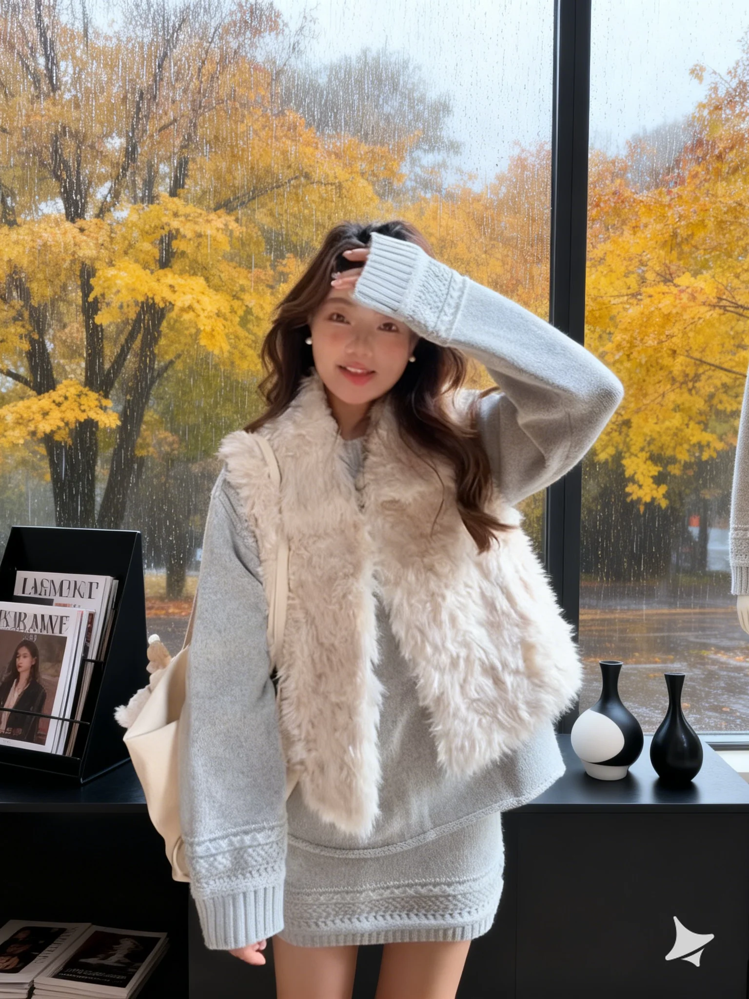 

Thi Winter Faion Set Women's Plu Sweater Vest Skirt Tee-piece High Waist Warm ort Sle V-ne Loose Fit Adult