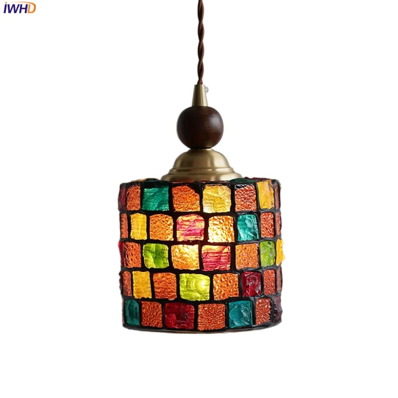 

IWHD Wood Copper LED Pendant Lights Fixtures Kitchen Living Room Colorful Glass Loft Vintage Hanging Lights Luminaire Suspendu