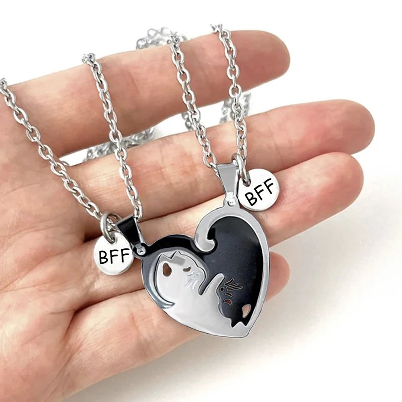 Collar de acero inoxidable Ying Yang Cat BFF, collares a juego con forma de corazón de gatos, regalos para mejores amigos, 2 uds.
