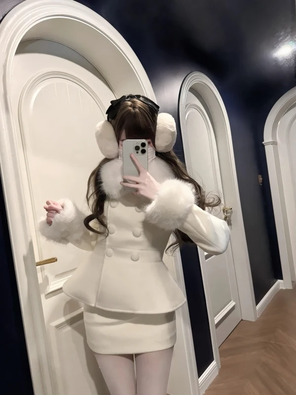 

White Woolen Suit Set Small Fragrance Style Autumn Winter High-End Feelings Elegant Ladylike Outerwear Skirt Set for Women