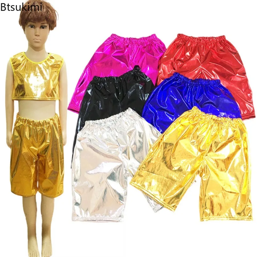Kids Boys Metallic 1/2 Pants Shiny Gymnastics Jazz Shorts Hip Hop Costume Girls Street Dancewear Pants Party Stage Performance