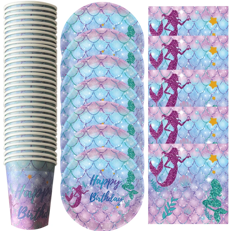 

60pcs/lot New Design Mermaid Theme Napkins Happy Birthday Party Plates Cups Baby Shower Decorations Girls Favors Tableware Set