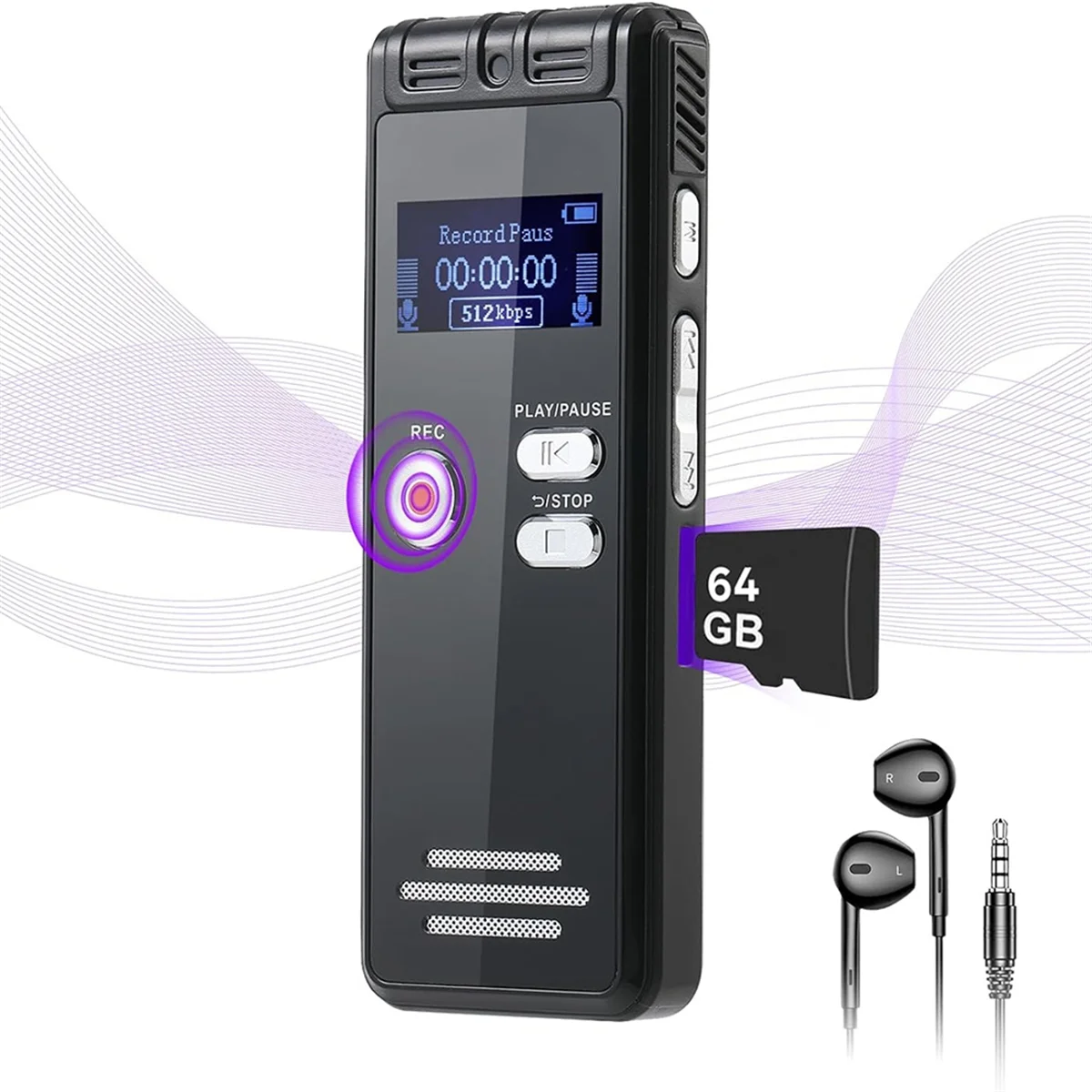 

64GB Digital Voice Activated Recorder with Playback - 3072Kpbs HD Dual MIC Tape Recorder for