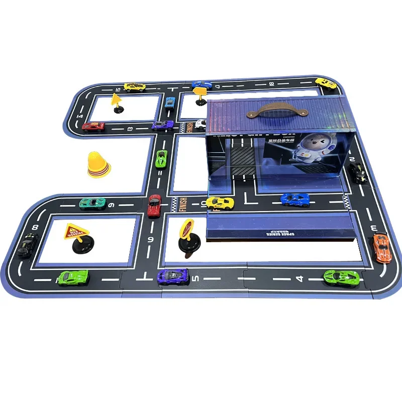 Set 20Pcs Alloy Car with Storage Box 5 roadblocks 18 puzzle Cool Boy Racing Colorful Rebound Vehicle Model Toy for Kids Gifts