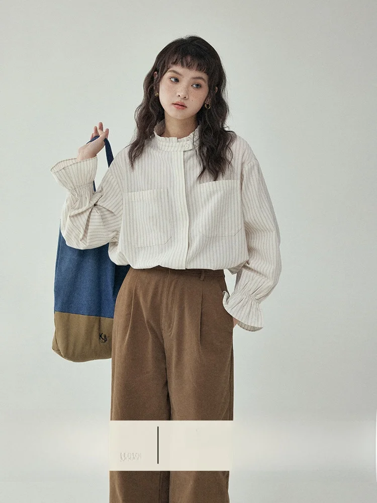 

AMUU North Island Женский повседневный универсальный топ с расклешенным воротником-стойкой в полоску из хлопка 00% на пуговицах