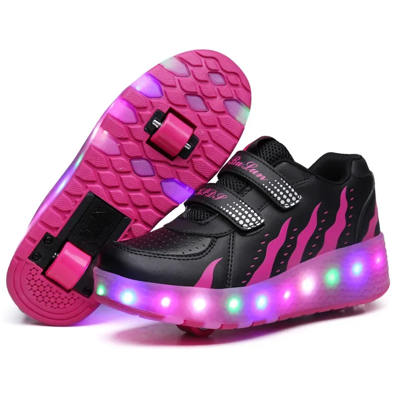 Children LED Flashing Luminous Double Wheels Roller Skating Shoes Boys Girls Glowing Roller Skates Sneakers Male Female Adult