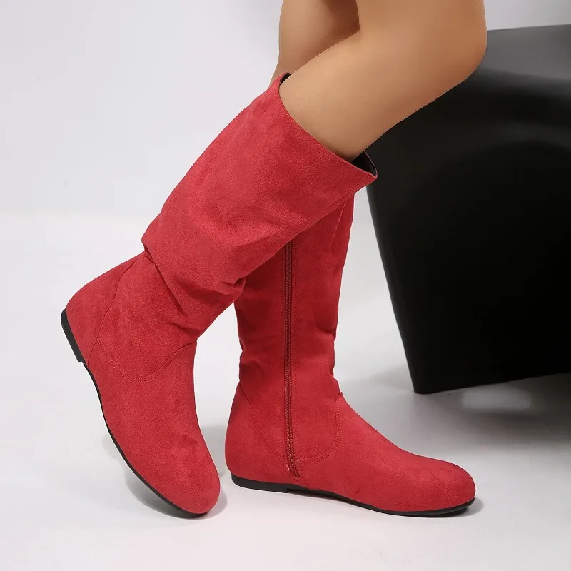 2026 New Trend Pleated Design Casual Women's Knee High Boots Fashionable Solid Color Comfort Simple Round Toe Zipper Women Shoes