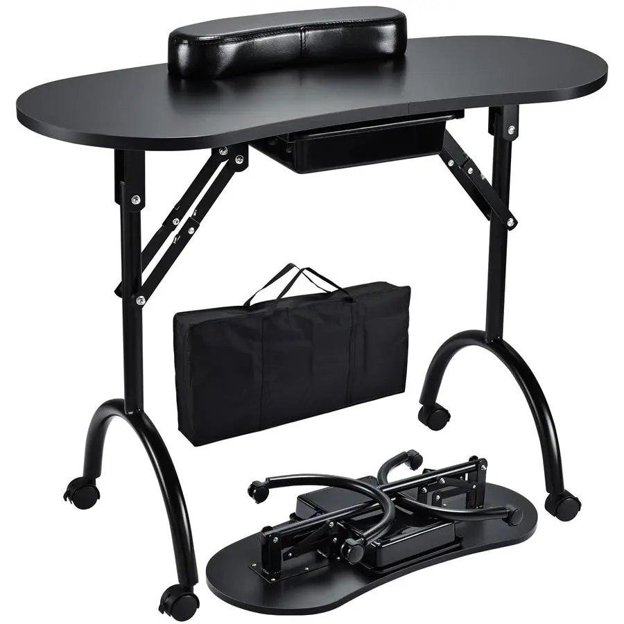

Professional Foldable Portable Manicure Table Nail Technician Desk Workstation with Rolling Wheels Large Drawer Client Wrist Pa