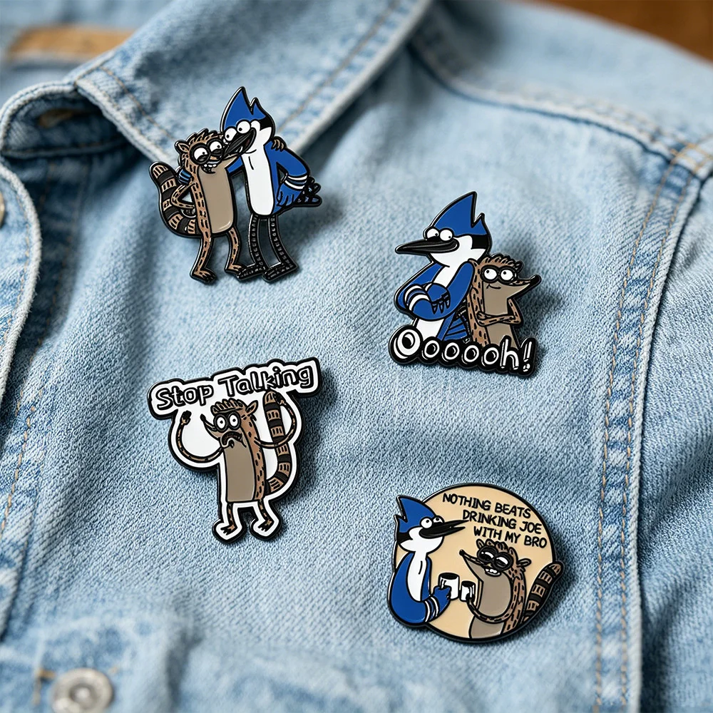 4Pcs Funny Regular Show Enamel Pins Mordecai Rigby Brooches Cartoon Lapel Badges For Backpack Fans Decor