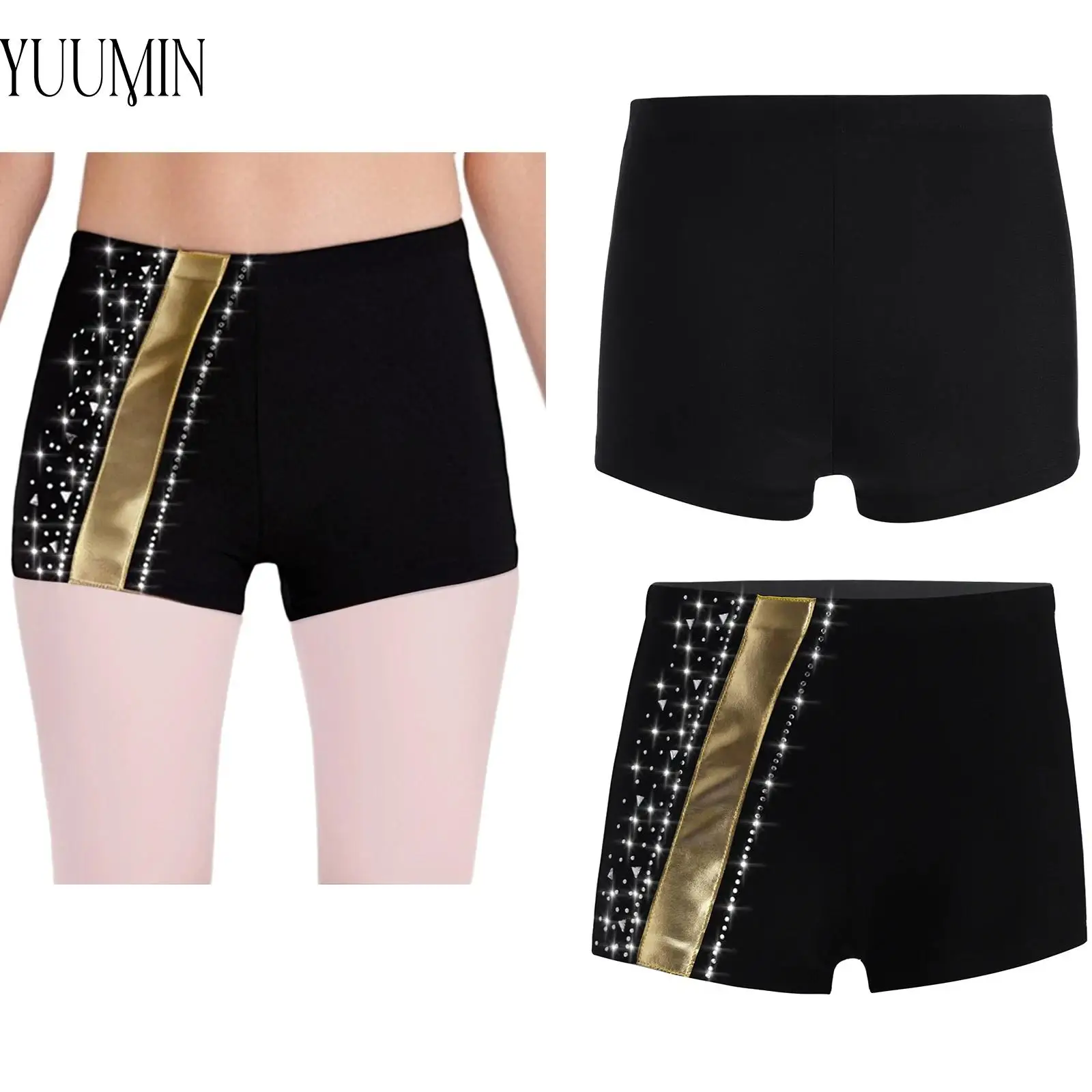 

Girls Stretchy Gymnastics Ballet Dance Costume Comfortable Elastic Waistband Shiny Rhinestones Metallic Shorts Skating Dancewear
