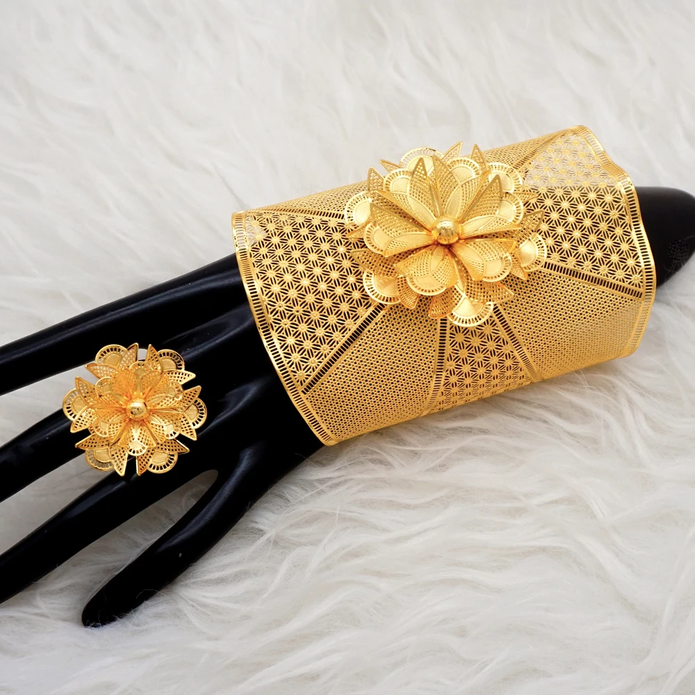 France Luxury Chain Cuff Bangle & Ring For Women Dubai Gold Color Indian Moroccan Big Bracelet Jewelry Arabic African Wedding