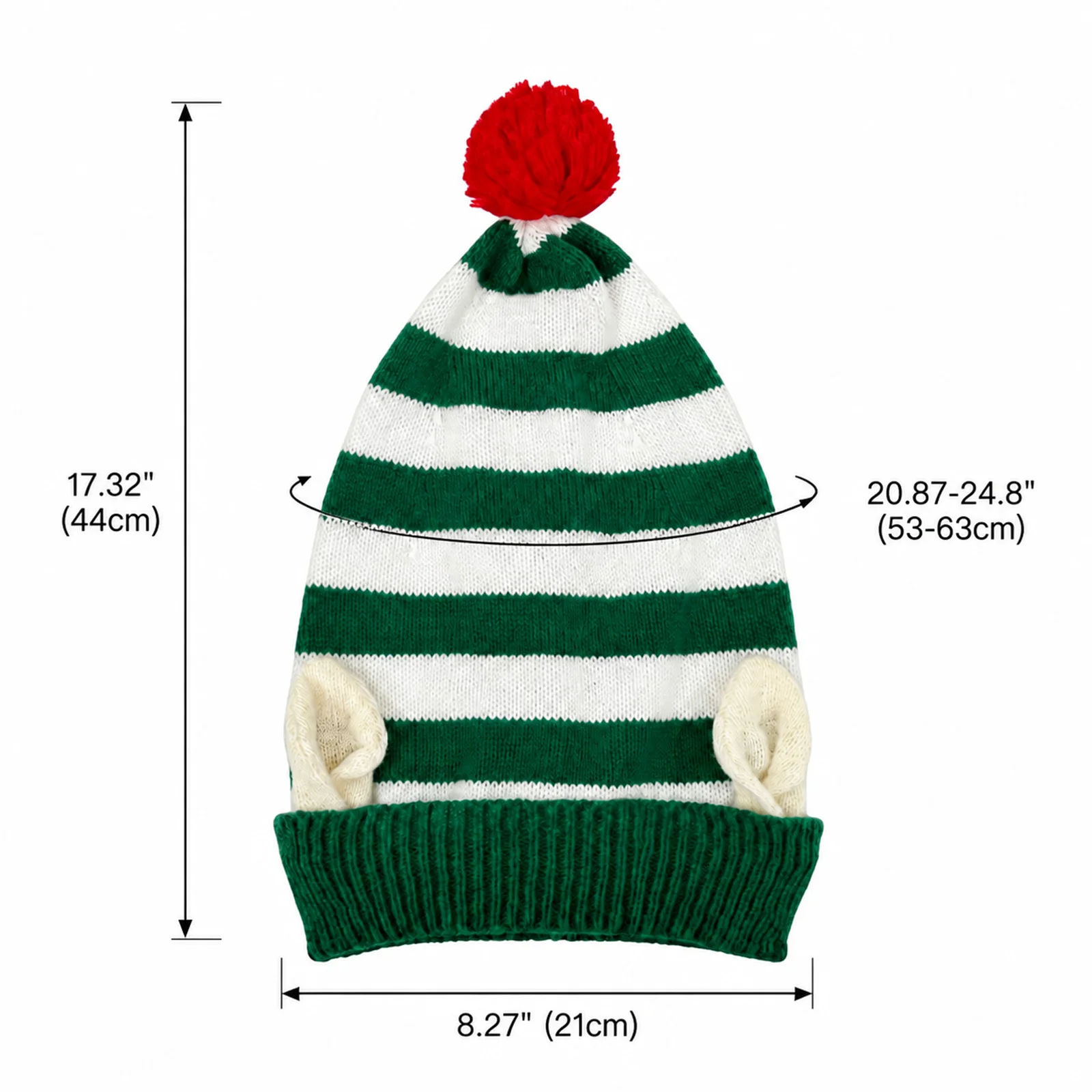Christmas Elf Hat Knit Beanie Green White Striped Cute Winter Hat with 3D Elf Ears Red Pom Pom Holiday Party Costume Headwear