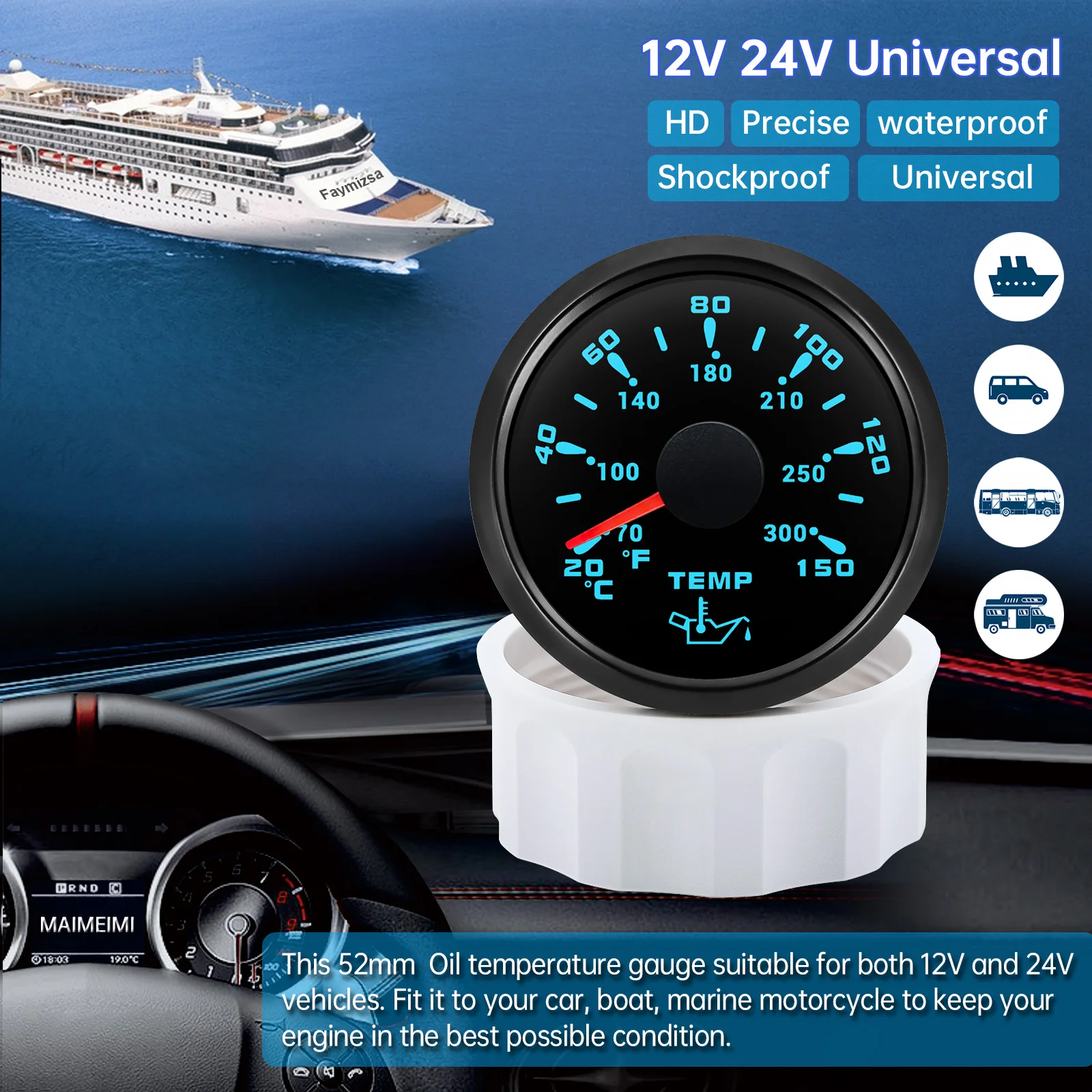 52mm Oil Temp Meters 20-150°C /70-300°F Oil Temperature Gauge 7-color Backlight Auto Car Gauge Waterproof for Boat Marine Car