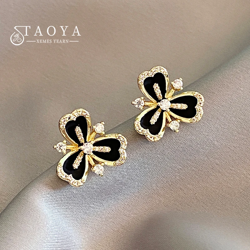 Elegant and Luxurious Black Enamel Micro Set with Zircon Flower Shape Earrings For Women Fashion Jewelry Exquisite Accessorise