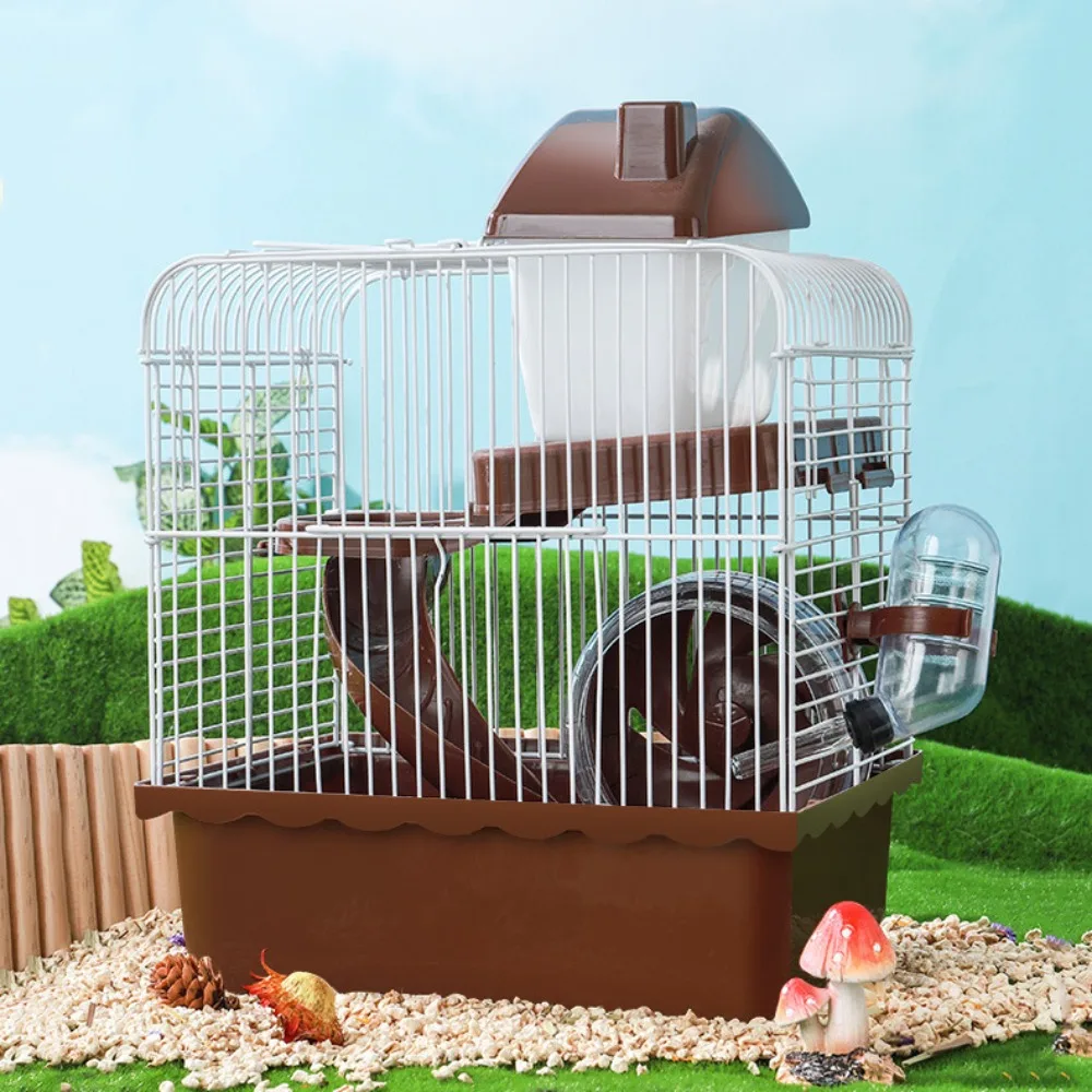 Ventilación para hámster, Villa de dos pisos, extraíble con mango, jaula para castillo para mascotas con rueda corrediza, biberón, nido para hámster