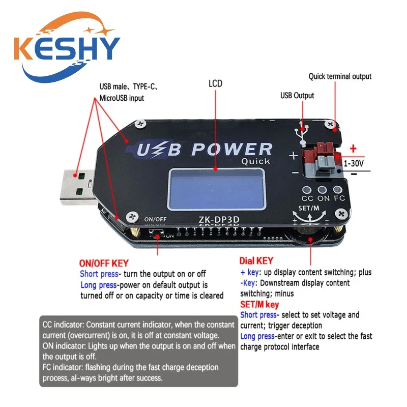 ZK-DP3D CNC USB TYEPE-C DC DC Converter CC CV 1-30V 2A 15W Moduł zasilania Regulowany zasilacz regulowany QC2.0 3.0 AFC — zdjęcie produktu 2