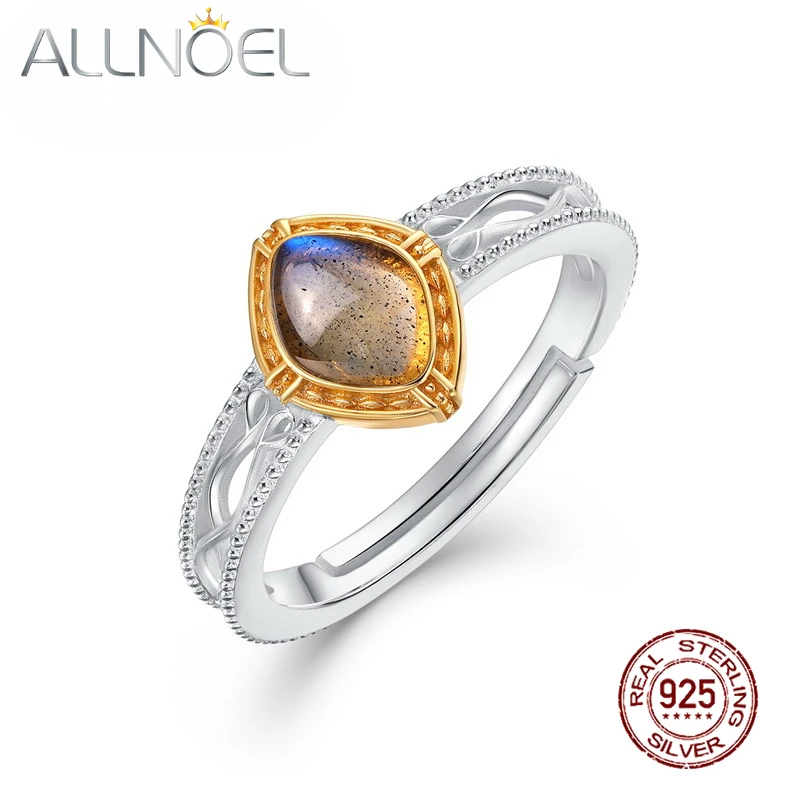 

ALLNOEL 925 Sterling Silver Natural 5x7nmm Labradorite Gemstone Ring Retro Hollow Pattern Boutique Jewelry for Women Stackable