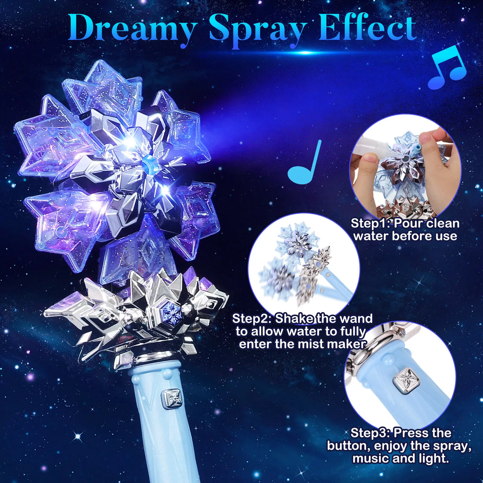 عصا ندفة الثلج للأطفال، عصا أميرة مضيئة مع موسيقى ورذاذ، أداة تنكرية، عصا سحرية مضيئة للأطفال