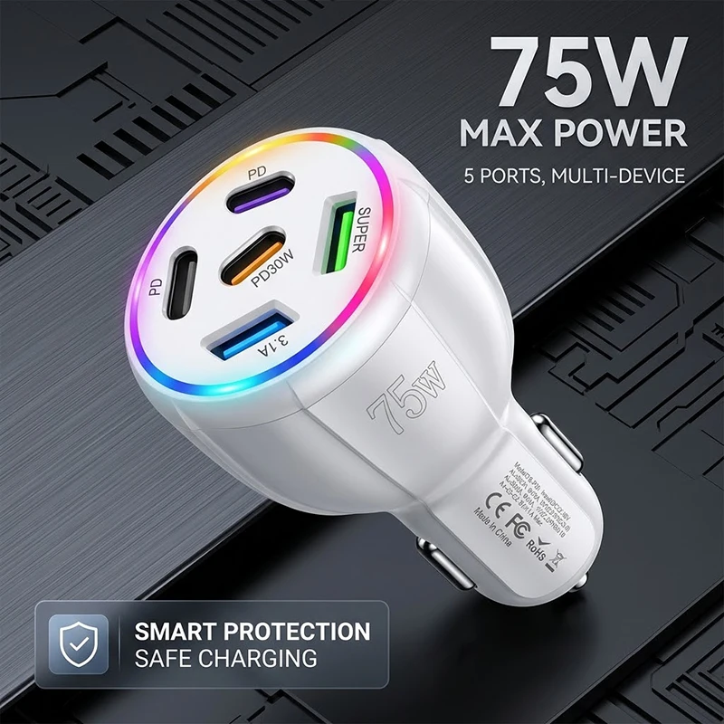 Fast Charging 75W 5-Port Car Charger Adapter Multi USB C and A Ports with RGB Atmosphere Lamp Safe Protection For iPhone 17 16