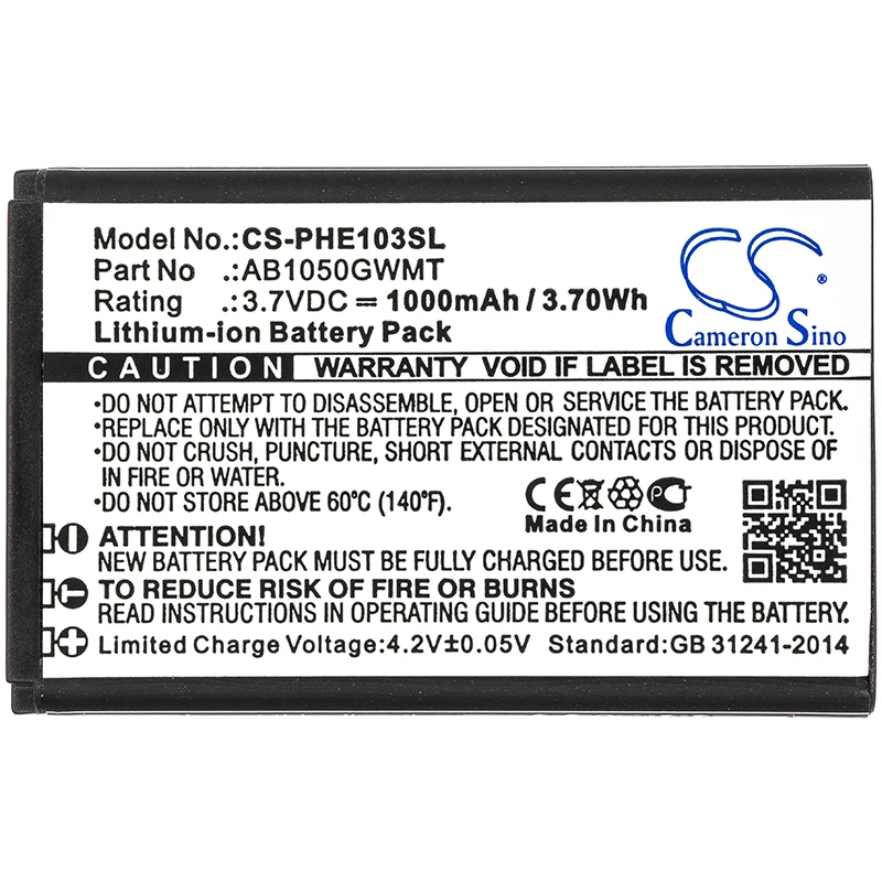 CS Replacement Battery for Philips E103,E106,Xenium E103,Xenium E106,Xenium E255 PN:AB1050GWMT 1000mAh / 3.7Wh