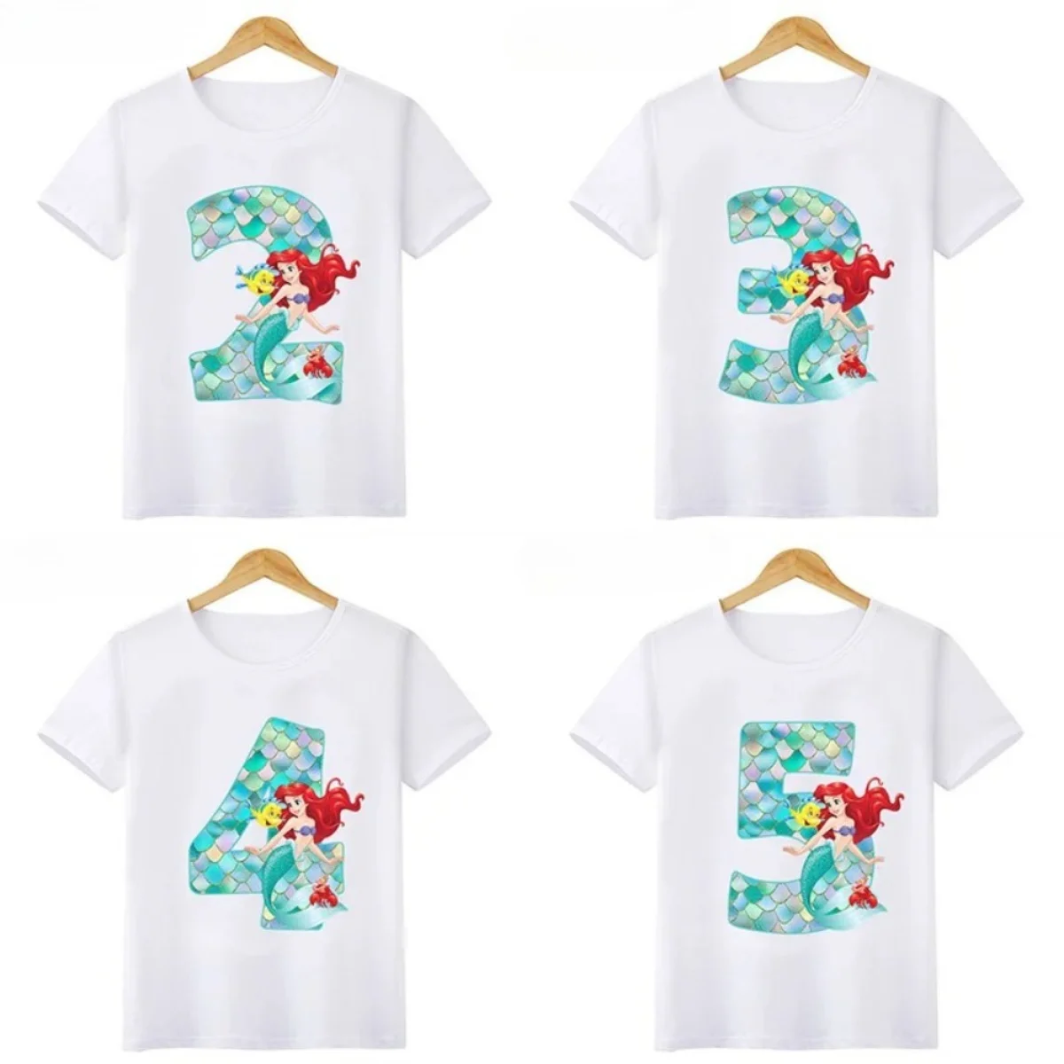 Cotton Princess Mermaid Graphic Girls Clothes Kids T Shirt Age 1 2 3 4 5 6 7 8 9 Years Birthday Number Bow Baby T-Shirts