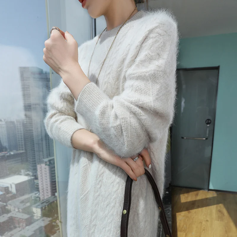 

Fashion 100% Mink Cashmere Elastic Sweater Pullover Women O-Neck Long Sleeve Knitwear Basic Elegant Warm Korean Long Dress