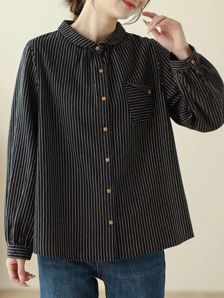 Loose Comfortable Long Sleeve Cotton Linen Women's Shirt Artistic Stripe Pattern Base Layer Top Thin Shirt for Autumn