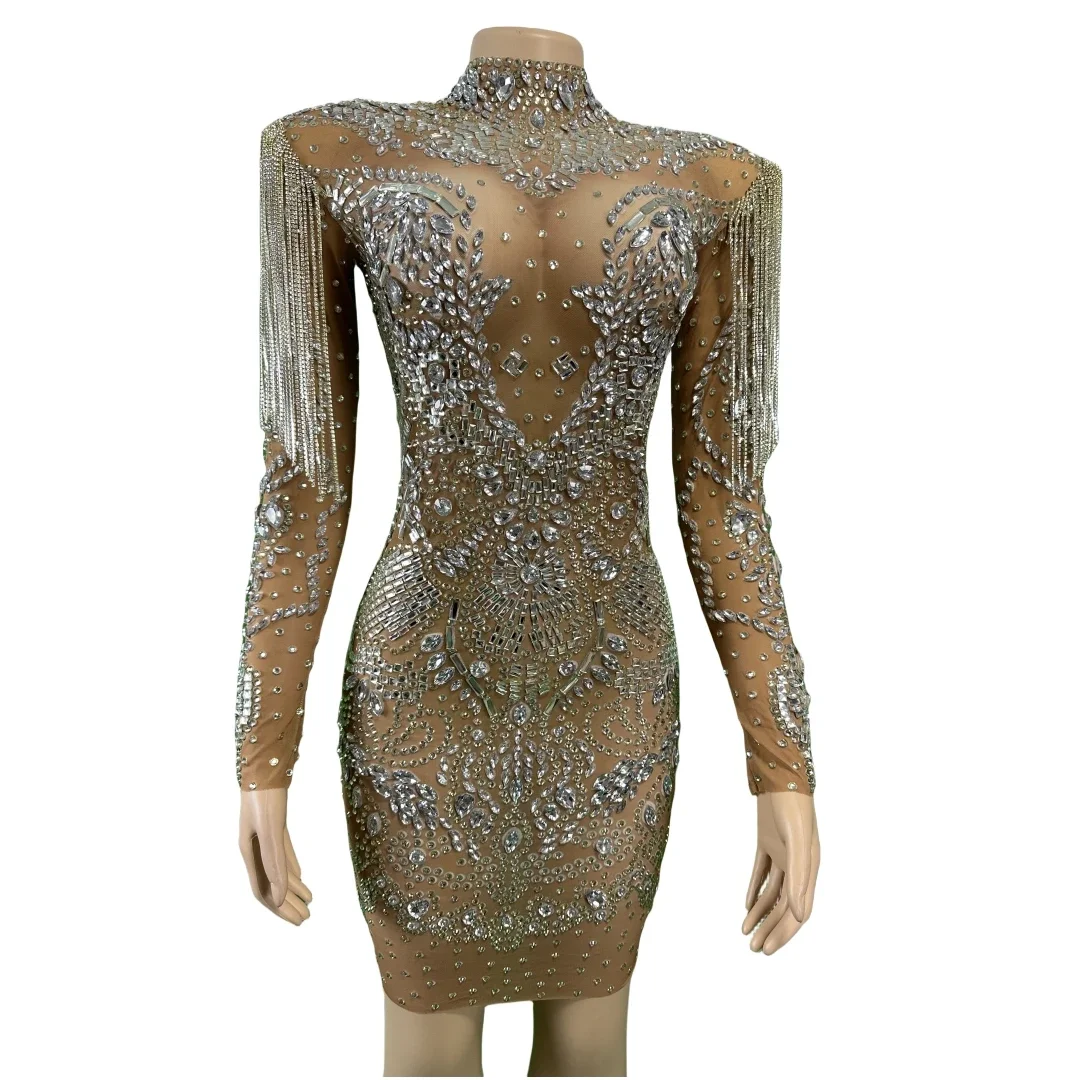 Sparkly Full Rhinestone Dress For Women See Thru Stretch Singer Party Birthday Drill Stage Wear Performance Drag Queen Costume