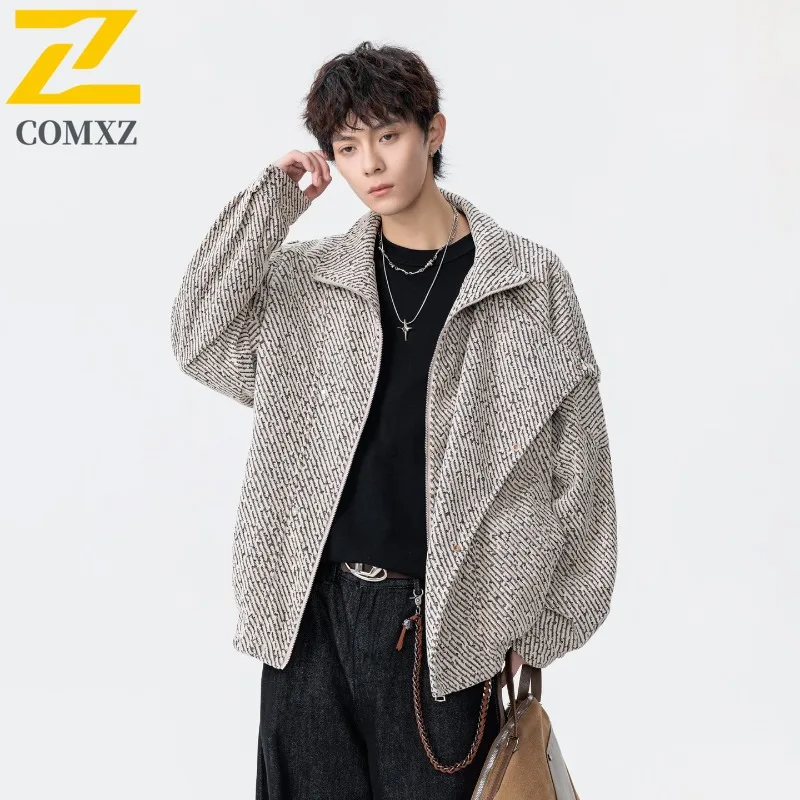 

COMXZ 2025 Осенняя мужская куртка, повседневное пальто, однотонная одежда, модная свободная посадка, универсальная верхняя одежда с лацканами, свободный топ для занятий спортом на открытом воздухе