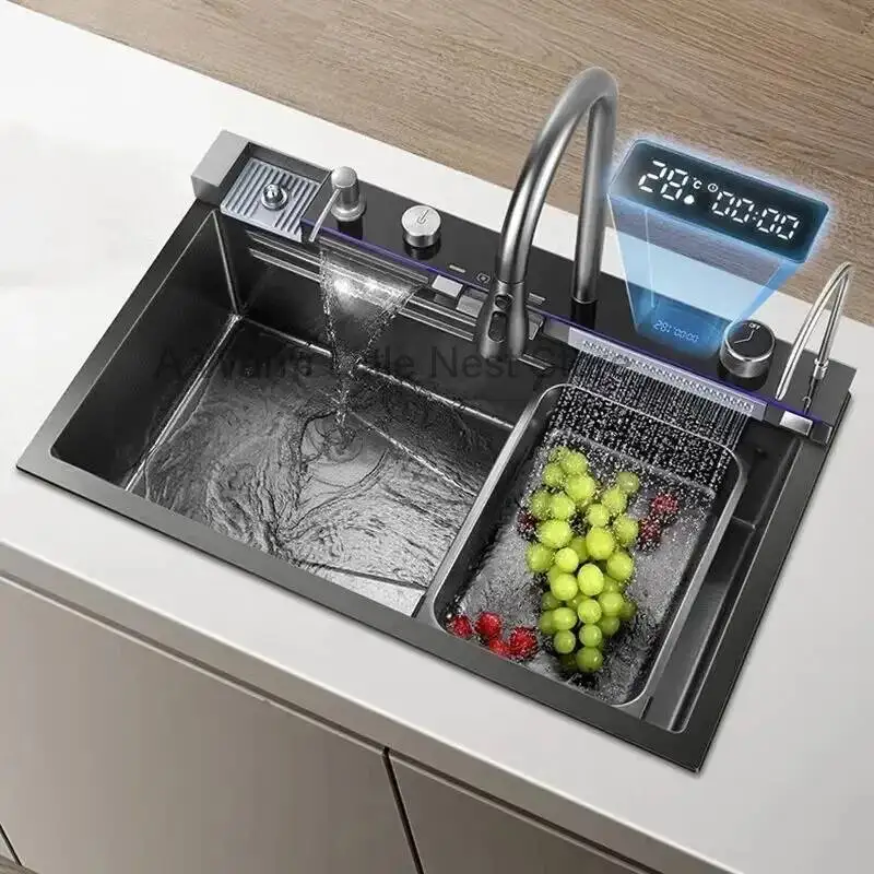

Kitchen Sinks Raindance Stainless Steel Nano Waterfall 304 Home Kitchen Wash Basin Digital Display Embossed Large Single Slot B