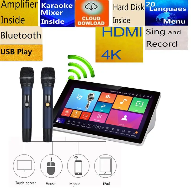 4TB Karaoke Player Jukebox Machine  Amplifier Mixer Touch Screen 2Wireless Karaoke Microphone Chinese English KTV Karaoke 80K+