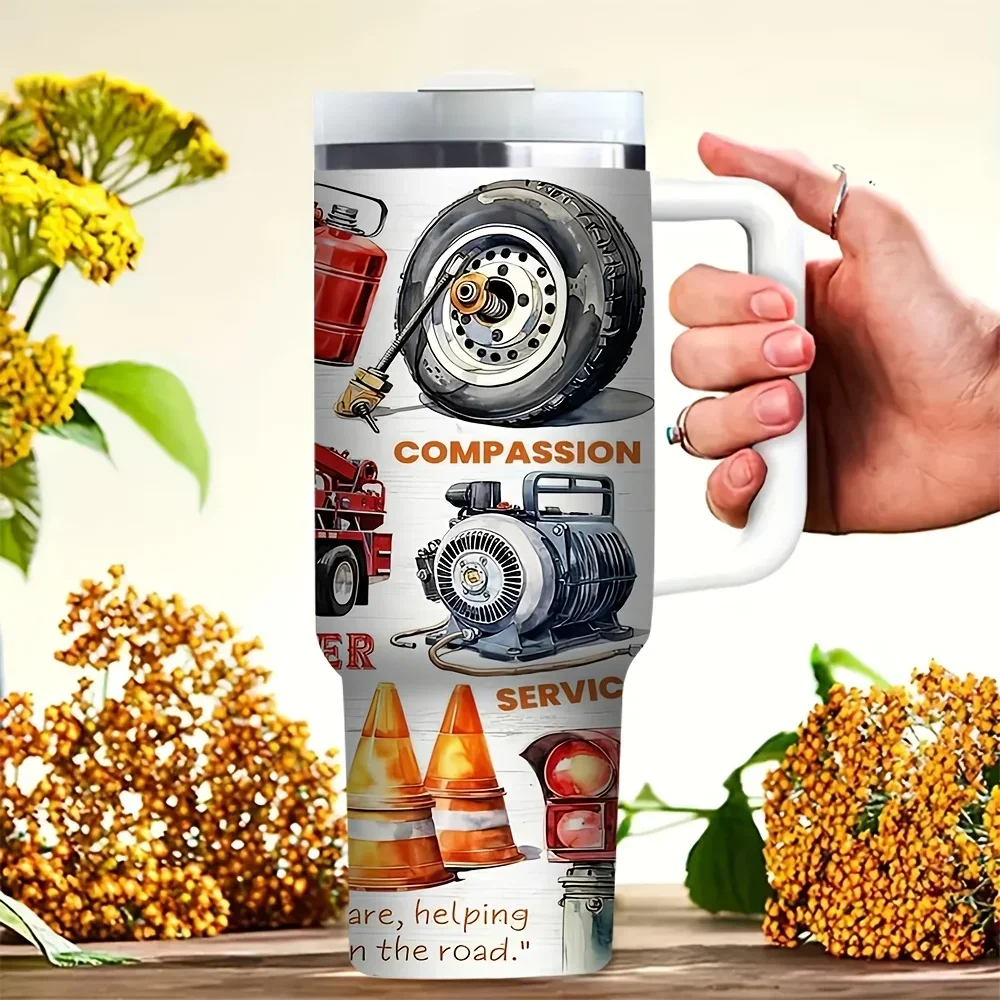 40Oz Handled Tumbler with Tow for truck Driver Life Themed Print, Suitable for Truck Drivers, Holds Hot And Cold Drinks, Perfect for Daily Use And Outdoor Travel