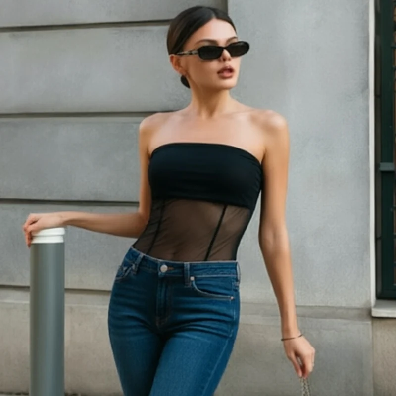 Women's Bodysuit Black Strapless Transparent Mesh Bodysuit Women Sexy Sheer Corset Tube Top 2026 New Ladies Club Party Bodysuit view 4