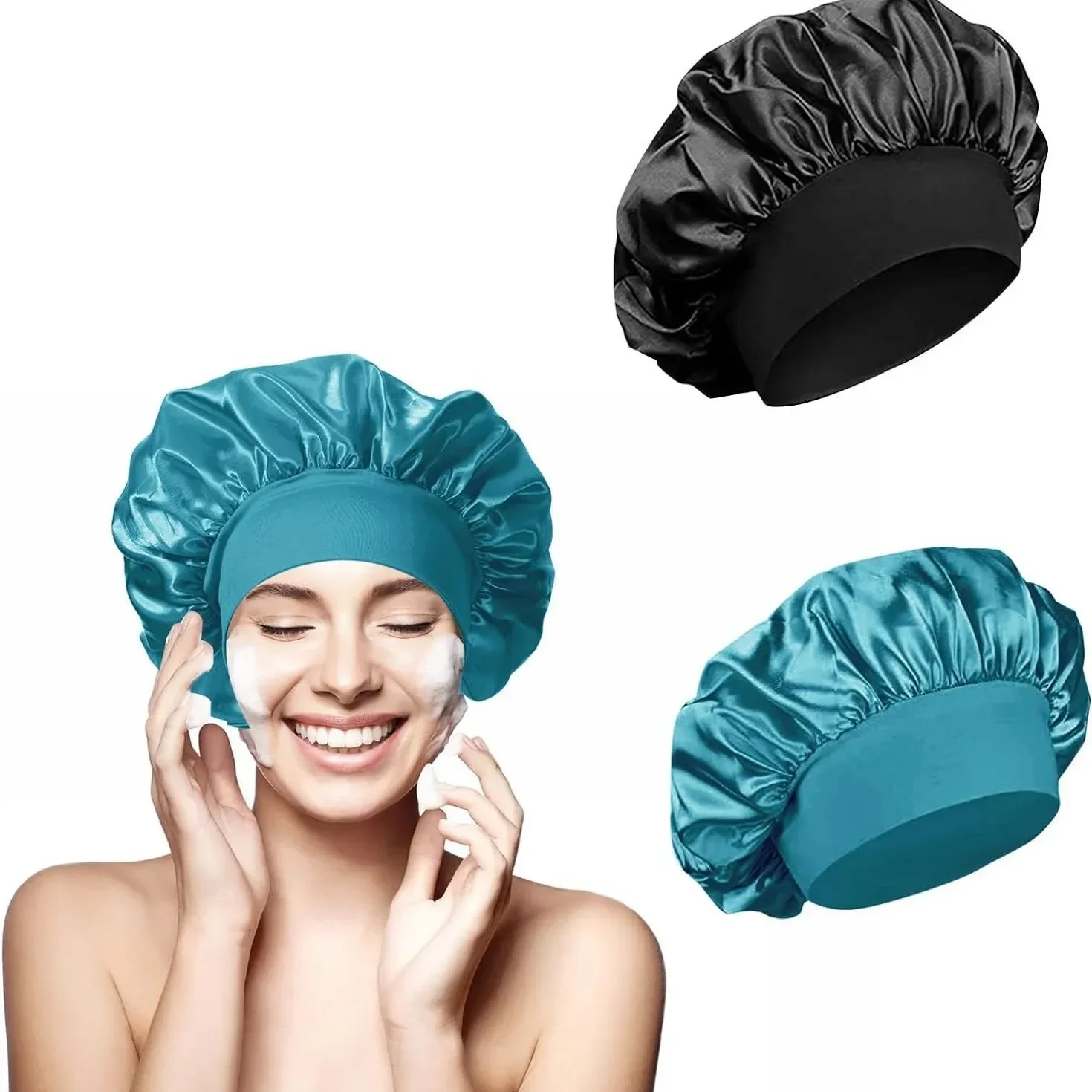 2 pçs feminino cetim sólido elástico de aba larga chapéu de dormir unisex cabeça envoltório elástico boné cuidados com o cabelo gorro noite chapéu