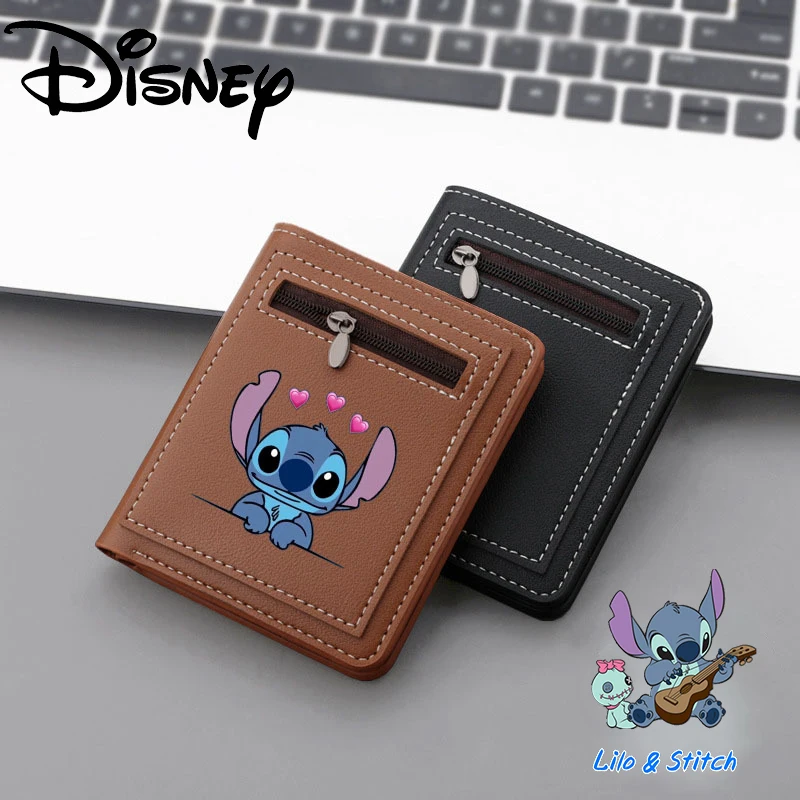 Cartera corta Disney Lilo & Stitch, monedero de cuero con cremallera de Anime Stitch para mujer, tarjeteros con ranura para múltiples tarjetas,