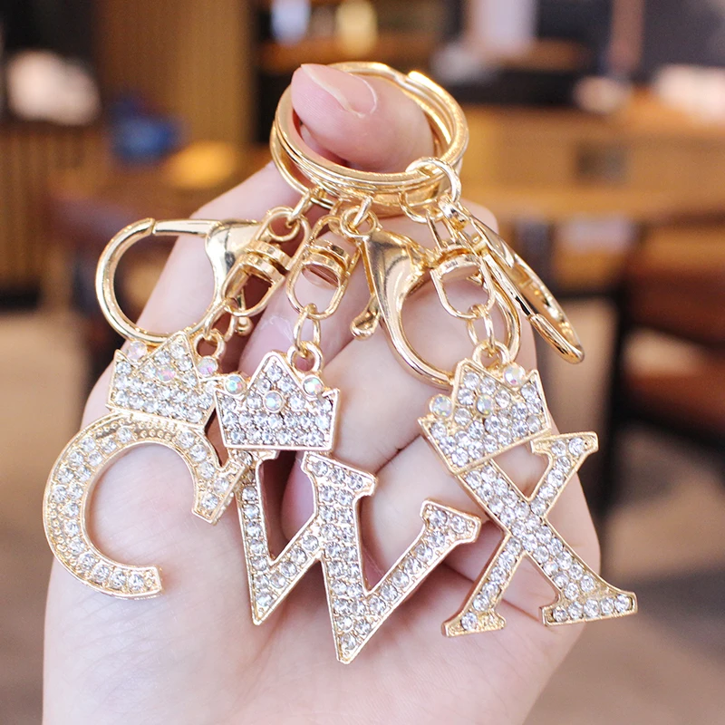 26 Initial Letter Rhinestone Keychain For Women Charm Crystal Crown Gold Plated Key Ring Bag Car Key Chains DIY Accessoreis