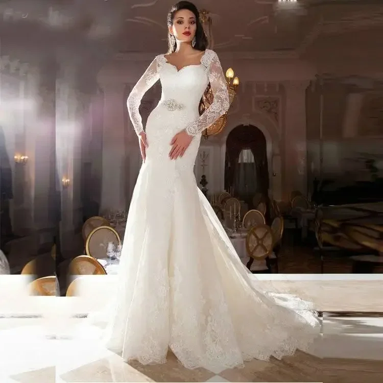 Customized Stunning Sweetheart Long Sleeves Lace Mermaid Wedding Dresses Open Back Bridal Gowns with Lace-up Back