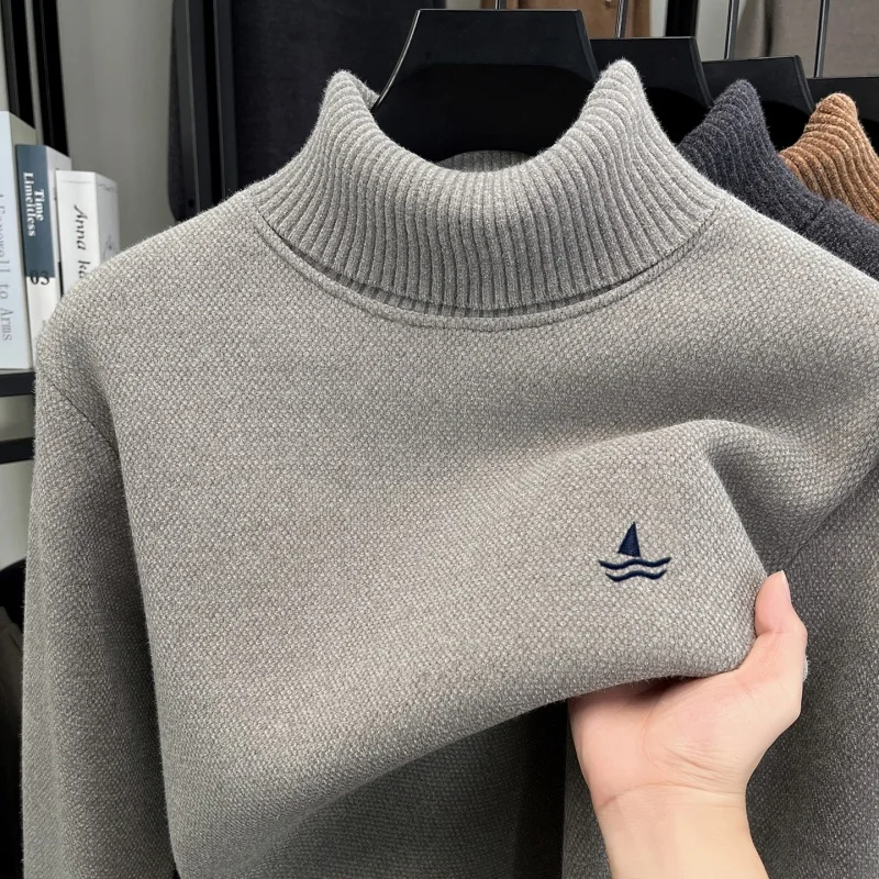 

Fashion sailboat embroidery men's high neck sweater new knitted comfort luxury brand autumn winter warm soft casual pullover top