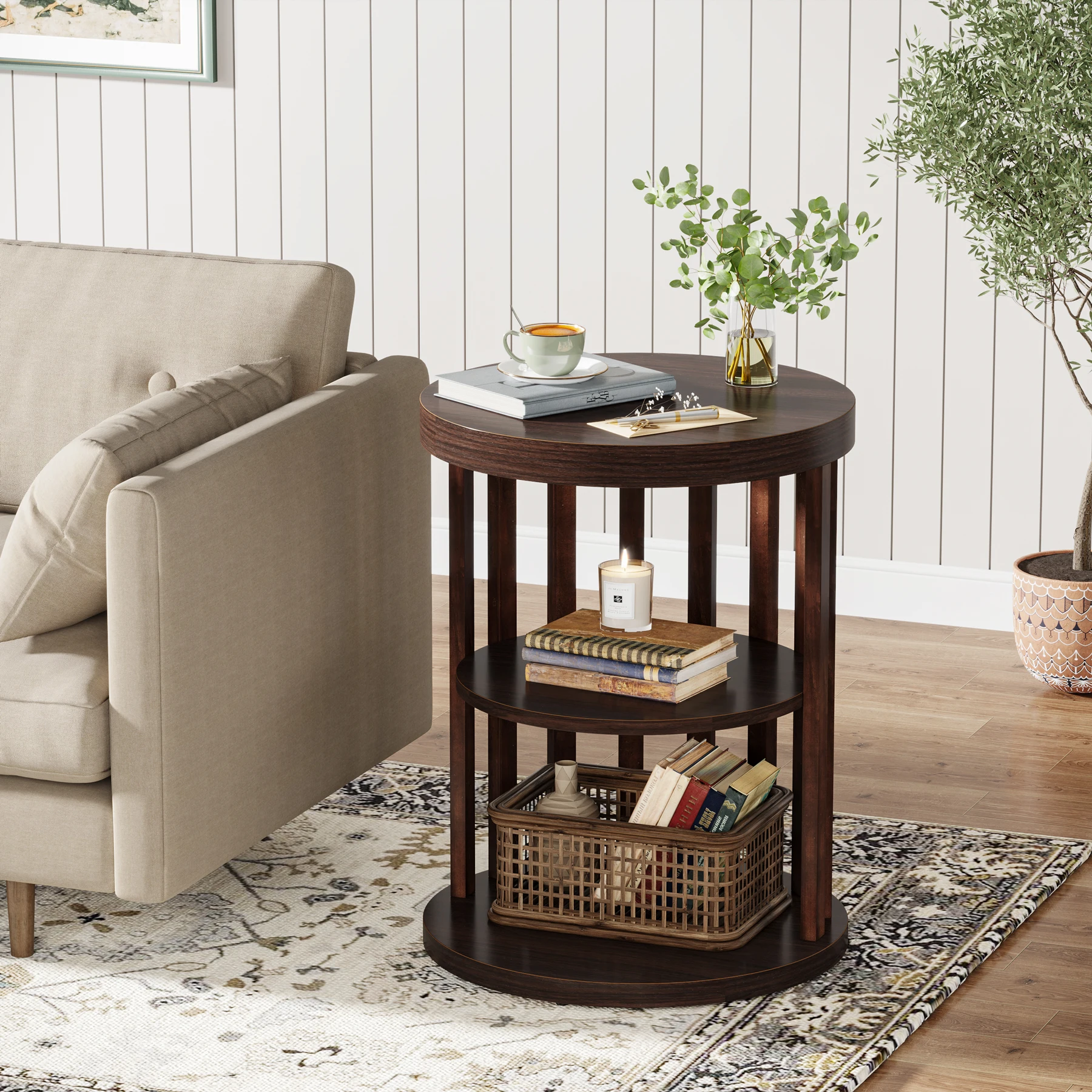 

Accent 19 Inch Walnut Brown Round Wood Side Table Modern With 3-tier Storage Shelves for Living Room Sofa